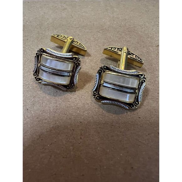 Damascene Toledo Cufflinks Spanish Gilt Swivel T Bar Goldtone Faux MOP Inlay - Picture 1 of 4